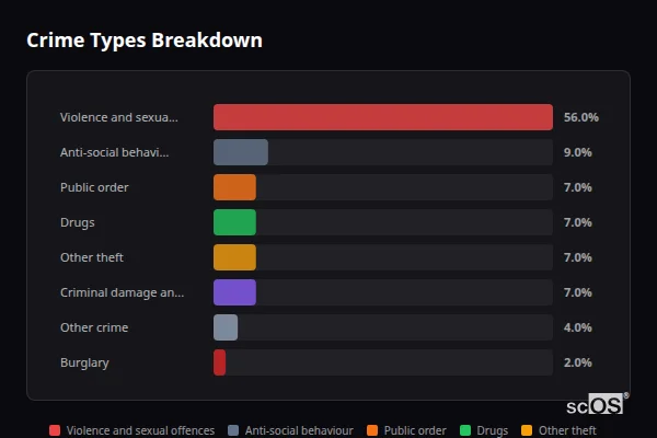 Crime Types Breakdown for Johnston - showing Violence and sexual offences (56%), Anti-social behaviour (9%), Public order (7%)