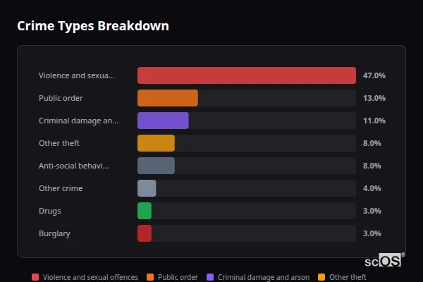 Crime Types Breakdown for Narberth - showing Violence and sexual offences (47%), Public order (13%), Criminal damage and arson (11%)