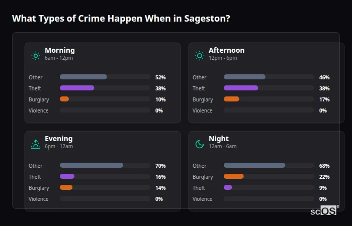 What Types of Crime Happen When in Sageston? Crime types by time period for Sageston - showing breakdown of burglary, violence, theft, and vehicle crime by morning, afternoon, evening, and night