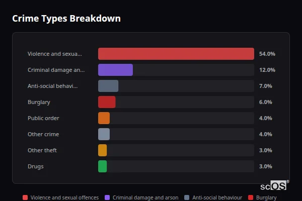 Crime Types Breakdown - Saundersfoot Crime Types Breakdown for Saundersfoot - showing Violence and sexual offences (54%), Criminal damage and arson (12%), Anti-social behaviour (7%)