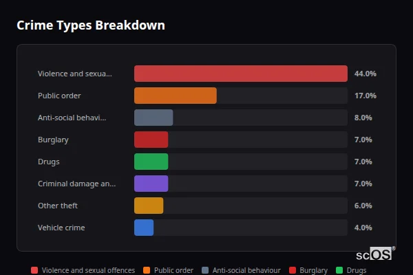 Crime Types Breakdown - St Davids Crime Types Breakdown for St Davids - showing Violence and sexual offences (44%), Public order (17%), Anti-social behaviour (8%)