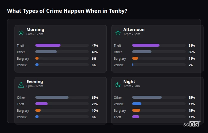 Crime types by time period for Tenby - showing breakdown of burglary, violence, theft, and vehicle crime by morning, afternoon, evening, and night