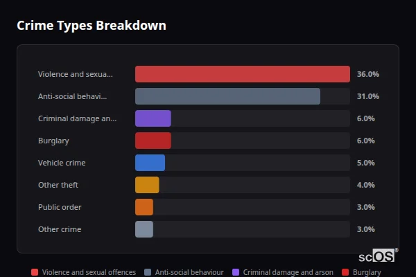 Crime Types Breakdown - Barrowford Crime Types Breakdown for Barrowford - showing Violence and sexual offences (36%), Anti-social behaviour (31%), Criminal damage and arson (6%)