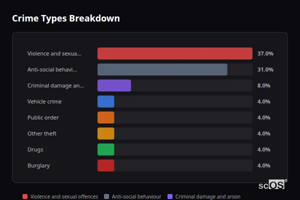 Crime Types Breakdown for Brierfield - showing Violence and sexual offences (37%), Anti-social behaviour (31%), Criminal damage and arson (8%)