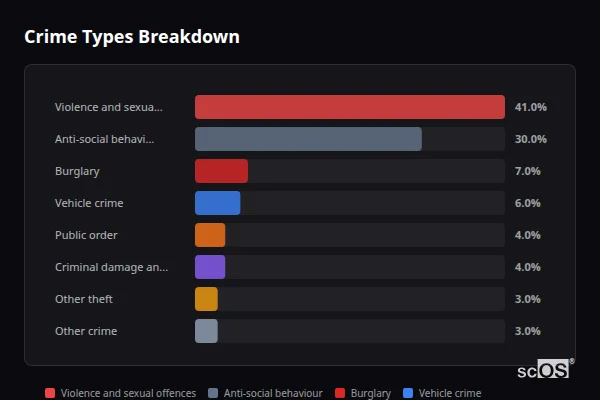 Crime Types Breakdown for Sough - showing Violence and sexual offences (41%), Anti-social behaviour (30%), Burglary (7%)