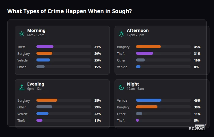 Crime types by time period for Sough - showing breakdown of burglary, violence, theft, and vehicle crime by morning, afternoon, evening, and night