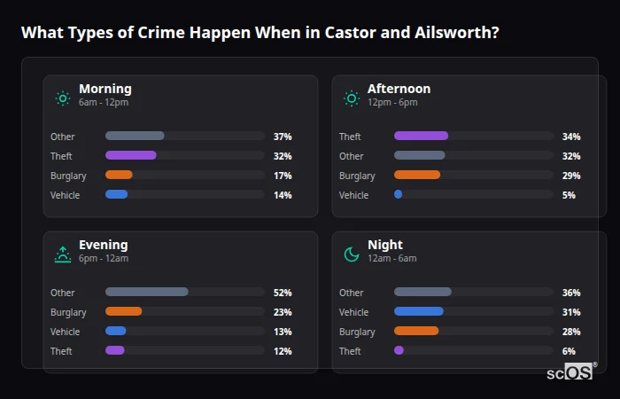 Crime types by time period for Castor and Ailsworth - showing breakdown of burglary, violence, theft, and vehicle crime by morning, afternoon, evening, and night