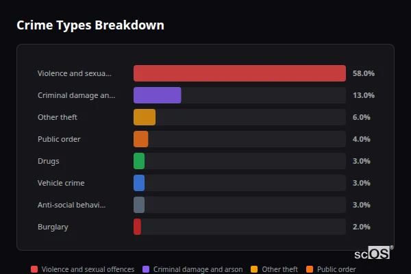 Crime Types Breakdown for Glinton - showing Violence and sexual offences (58%), Criminal damage and arson (13%), Other theft (6%)