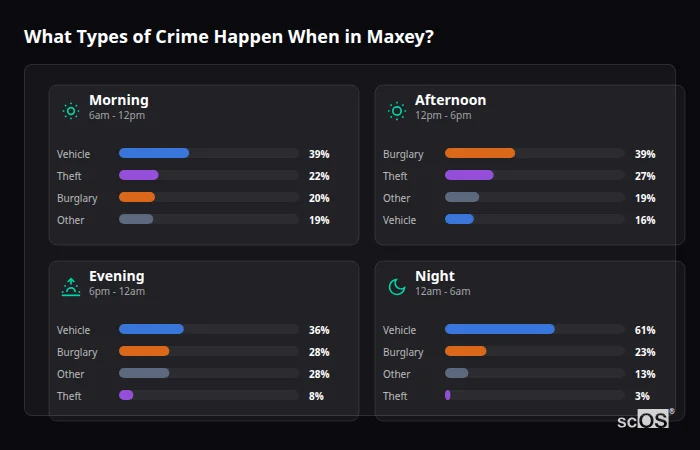 What Types of Crime Happen When in Maxey? Crime types by time period for Maxey - showing breakdown of burglary, violence, theft, and vehicle crime by morning, afternoon, evening, and night
