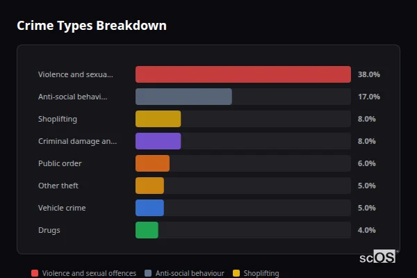 Crime Types Breakdown - Peterborough Crime Types Breakdown for Peterborough - showing Violence and sexual offences (38%), Anti-social behaviour (17%), Shoplifting (9%)