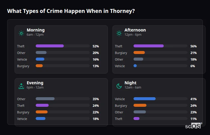 Crime types by time period for Thorney - showing breakdown of burglary, violence, theft, and vehicle crime by morning, afternoon, evening, and night