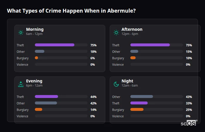 What Types of Crime Happen When in Abermule? Crime types by time period for Abermule - showing breakdown of burglary, violence, theft, and vehicle crime by morning, afternoon, evening, and night