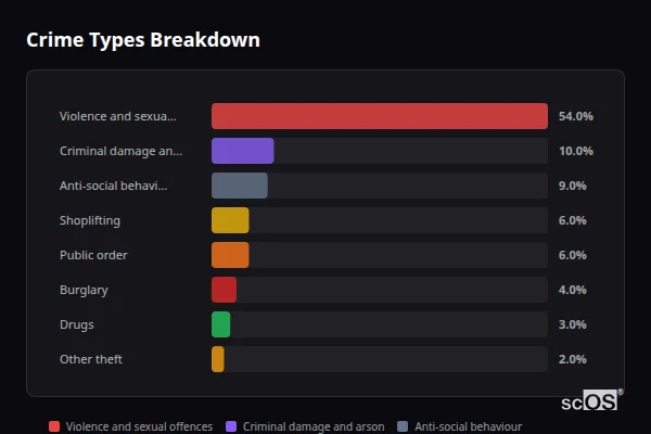 Crime Types Breakdown for Builth Wells - showing Violence and sexual offences (54%), Criminal damage and arson (10%), Anti-social behaviour (9%)