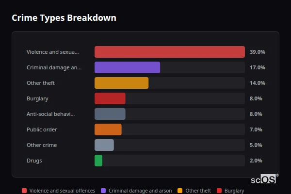 Crime Types Breakdown for Churchstoke - showing Violence and sexual offences (39%), Criminal damage and arson (17%), Other theft (14%)