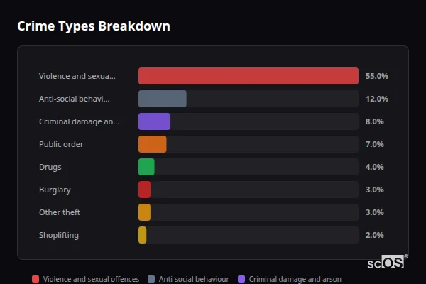 Crime Types Breakdown - Hay-on-Wye Crime Types Breakdown for Hay-on-Wye - showing Violence and sexual offences (55%), Anti-social behaviour (12%), Criminal damage and arson (8%)