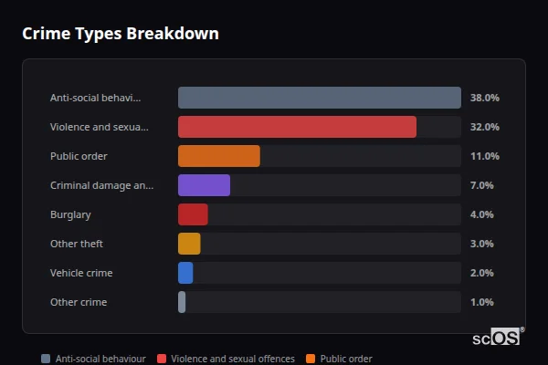 Crime Types Breakdown for Knighton - showing Anti-social behaviour (38%), Violence and sexual offences (32%), Public order (11%)