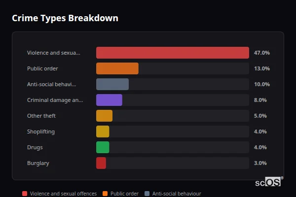 Crime Types Breakdown for Llandrindod Wells - showing Violence and sexual offences (47%), Public order (13%), Anti-social behaviour (10%)
