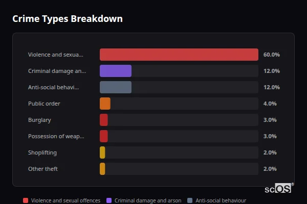 Crime Types Breakdown for Llanfyllin - showing Violence and sexual offences (60%), Criminal damage and arson (12%), Anti-social behaviour (12%)