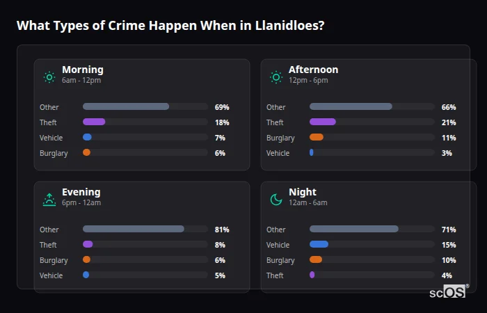 What Types of Crime Happen When in Llanidloes? Crime types by time period for Llanidloes - showing breakdown of burglary, violence, theft, and vehicle crime by morning, afternoon, evening, and night