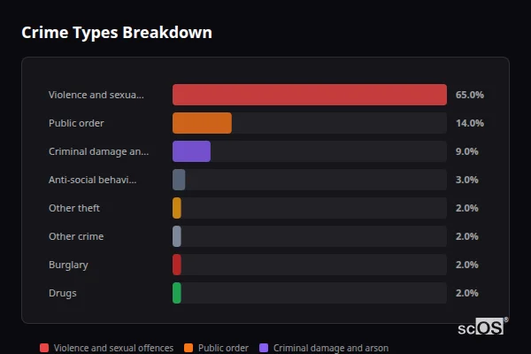 Crime Types Breakdown for Llansantffraid-ym-Mechain - showing Violence and sexual offences (65%), Public order (14%), Criminal damage and arson (9%)