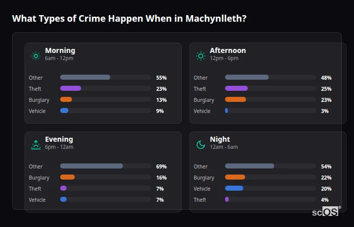Crime types by time period for Machynlleth - showing breakdown of burglary, violence, theft, and vehicle crime by morning, afternoon, evening, and night
