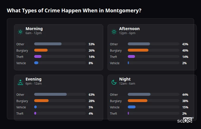 Crime types by time period for Montgomery - showing breakdown of burglary, violence, theft, and vehicle crime by morning, afternoon, evening, and night