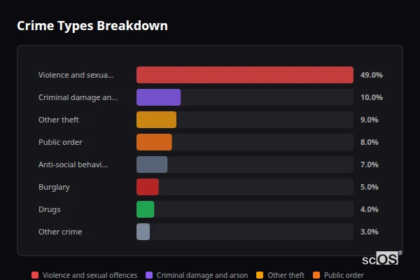 Crime Types Breakdown for Rural Powys - showing Violence and sexual offences (49%), Criminal damage and arson (10%), Other theft (9%)
