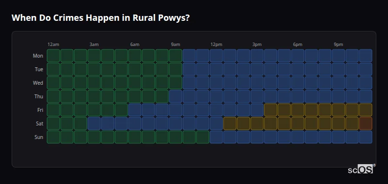 Crime time heatmap for Rural Powys - showing when crimes are most likely to occur by day and hour