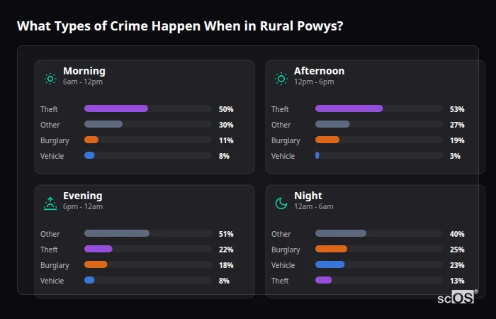 Crime types by time period for Rural Powys - showing breakdown of burglary, violence, theft, and vehicle crime by morning, afternoon, evening, and night