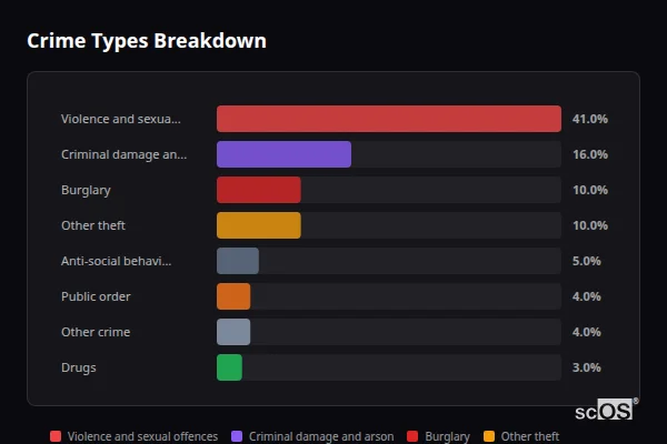 Crime Types Breakdown for Talgarth - showing Violence and sexual offences (41%), Criminal damage and arson (16%), Burglary (10%)