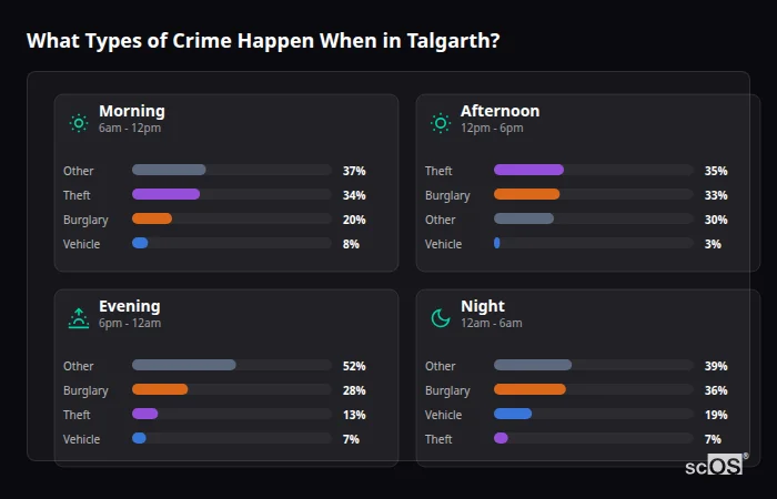 Crime types by time period for Talgarth - showing breakdown of burglary, violence, theft, and vehicle crime by morning, afternoon, evening, and night