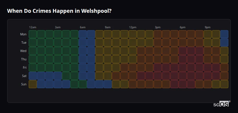 Crime time heatmap for Welshpool - showing when crimes are most likely to occur by day and hour