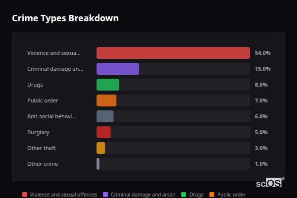 Crime Types Breakdown for Ystradgynlais - showing Violence and sexual offences (54%), Criminal damage and arson (15%), Drugs (8%)