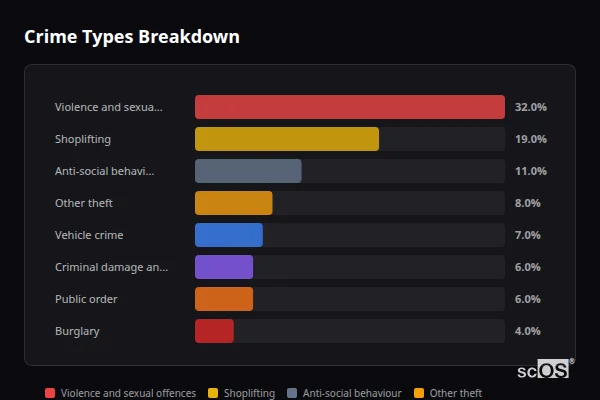 Crime Types Breakdown - Caversham Crime Types Breakdown for Caversham - showing Violence and sexual offences (32%), Shoplifting (19%), Anti-social behaviour (11%)