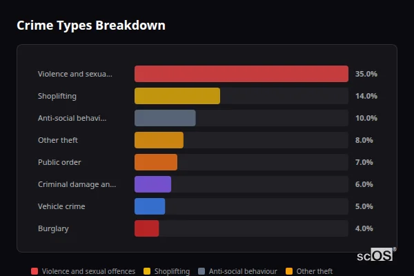 Crime Types Breakdown for Reading - showing Violence and sexual offences (35%), Shoplifting (14%), Anti-social behaviour (11%)
