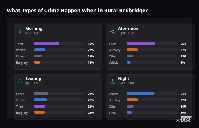 What Types of Crime Happen When in Rural Redbridge? Crime types by time period for Rural Redbridge - showing breakdown of burglary, violence, theft, and vehicle crime by morning, afternoon, evening, and night