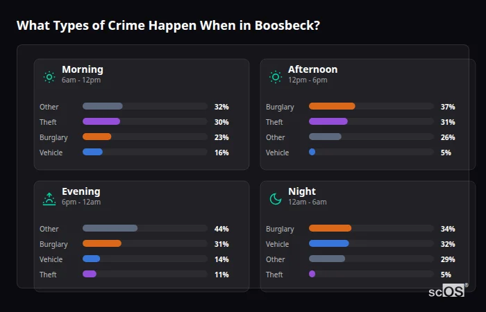 Crime types by time period for Boosbeck - showing breakdown of burglary, violence, theft, and vehicle crime by morning, afternoon, evening, and night