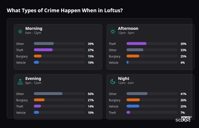 What Types of Crime Happen When in Loftus? Crime types by time period for Loftus - showing breakdown of burglary, violence, theft, and vehicle crime by morning, afternoon, evening, and night