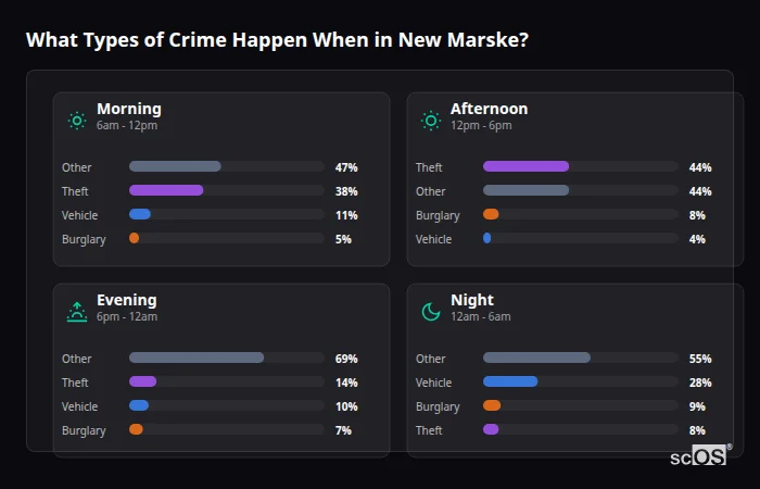 What Types of Crime Happen When in New Marske? Crime types by time period for New Marske - showing breakdown of burglary, violence, theft, and vehicle crime by morning, afternoon, evening, and night