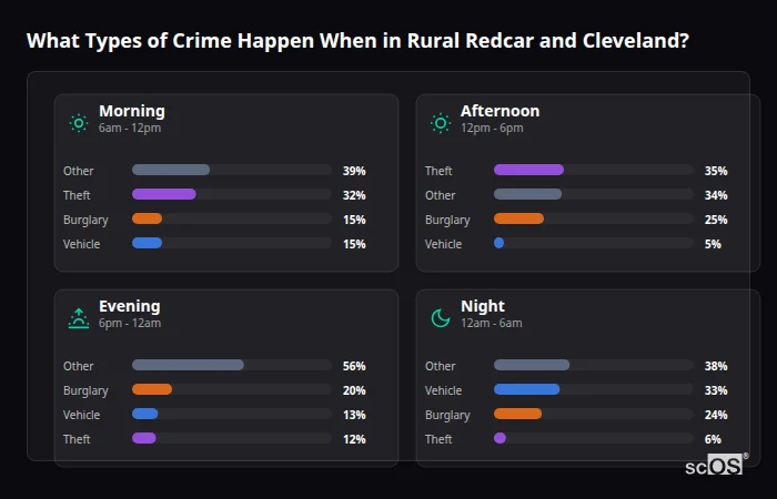 Crime types by time period for Rural Redcar and Cleveland - showing breakdown of burglary, violence, theft, and vehicle crime by morning, afternoon, evening, and night