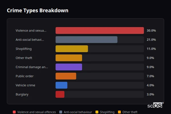 Crime Types Breakdown for Saltburn-by-the-Sea - showing Violence and sexual offences (30%), Anti-social behaviour (21%), Shoplifting (11%)