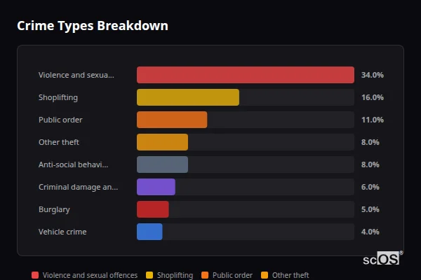 Crime Types Breakdown for Astwood Bank - showing Violence and sexual offences (34%), Shoplifting (16%), Public order (11%)