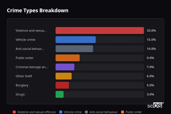 Crime Types Breakdown for Netherne on-the-Hill - showing Violence and sexual offences (33%), Vehicle crime (15%), Anti-social behaviour (14%)