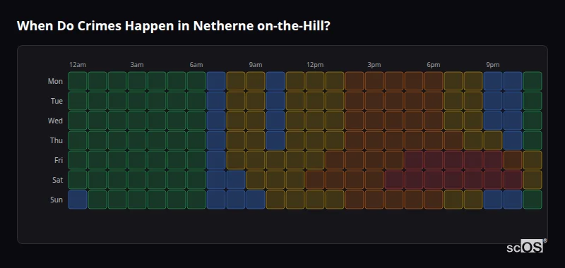 Crime time heatmap for Netherne on-the-Hill - showing when crimes are most likely to occur by day and hour