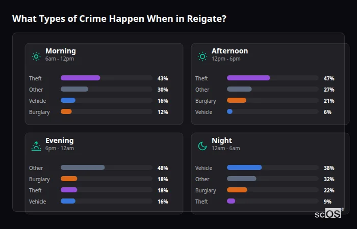 Crime types by time period for Reigate - showing breakdown of burglary, violence, theft, and vehicle crime by morning, afternoon, evening, and night