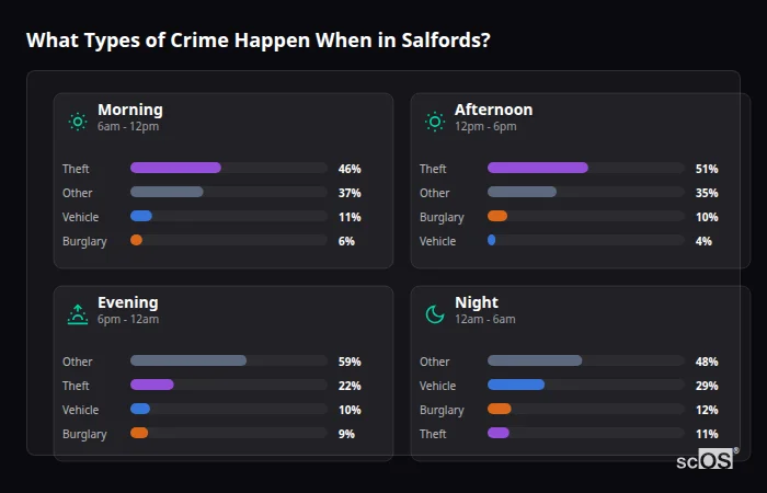 Crime types by time period for Salfords - showing breakdown of burglary, violence, theft, and vehicle crime by morning, afternoon, evening, and night