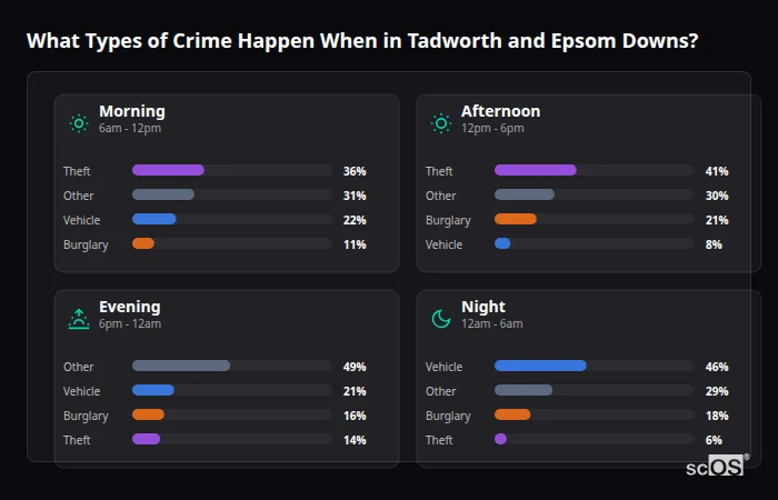 Crime types by time period for Tadworth and Epsom Downs - showing breakdown of burglary, violence, theft, and vehicle crime by morning, afternoon, evening, and night