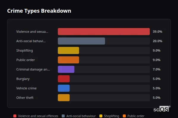 Crime Types Breakdown for Brynsadler - showing Violence and sexual offences (39%), Anti-social behaviour (20%), Shoplifting (9%)