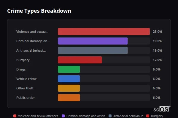 Crime Types Breakdown for Efail Isaf - showing Violence and sexual offences (25%), Criminal damage and arson (19%), Anti-social behaviour (19%)