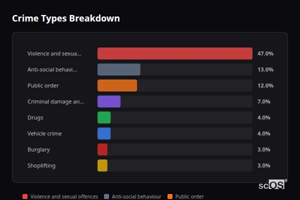 Crime Types Breakdown for Ferndale - showing Violence and sexual offences (47%), Anti-social behaviour (13%), Public order (12%)